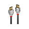 Deux câbles HDMI avec câbles gris, connecteurs argentés, accents rouges et surfaces de contact dorées.