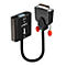 Un adaptateur Lindy noir avec connecteurs DVI et VGA. L'adaptateur porte le logo Lindy et des vis rouges.