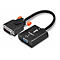 Un adaptateur DVI vers VGA noir. Il possède un boîtier noir, un câble noir et des vis orange.