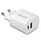 Chargeur Lindy blanc avec ports USB. Prise et prise USB rouge sur fond blanc.