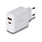 Chargeur blanc avec ports USB et USB-C ; logo LINDY ; prise européenne.