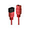 Zwei rote Netzkabel mit schwarzen und roten Steckern auf weißem Hintergrund.