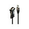 Ein schwarzes USB-auf-RS232-Kabel, mit metallischen Anschlüssen. Der USB-Anschluss ist rechts, der RS232-Anschluss links.
