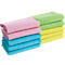 Des chiffons en microfibre empilés en différentes couleurs : rose, bleu, jaune et vert.
