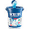 Seau bleu avec le titre 'SCRUBS IN-A-BUCKET Hand Cleaner Towels'. Des lingettes bleues en sortent.