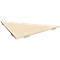 A triangular, light brown table with metal brackets, floating on a white background.
