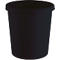Black trash can. The cylindrical container has a narrow rim and stands against a white background.