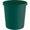 A green trash can with a slightly overhanging rim. The bucket has a cylindrical shape.
