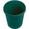 Green trash can. Cylindrical shape with a wide rim.
