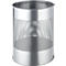 Silver trash can with a perforated pattern, cylindrical shape. Smooth top and bottom, many small holes in between.