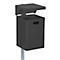 Black trash can on metal post, lid slightly open, handle on the side.