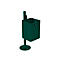 Green waste bin with stand. Upright, angular bin with handles, above a circular base.