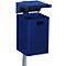 Dark blue trash can with lid and opening. Attached to a silver pole, with handle hole.