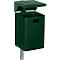 Green trash bin with opening lid, mounted on a metal pole.