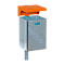 Gray trash can with orange lid and bracket, against a white background.