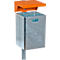 Gray metal trash can with orange roof, attached to a gray pole.