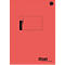 Cahier de caisse rouge avec une case noire pour le nom et un logo.