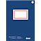Cahier Ursus bleu, ligné. Rectangle blanc avec cadre rouge, étiquettes et logo.