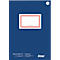 Cahier quadrillé bleu avec un cadre rouge et une étiquette blanche. L'étiquette indique "Made in Austria". En dessous, il est écrit "GESCHÄFTS [oe]BUCH".