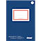 Cahier bleu avec un cadre rouge et une étiquette blanche. Inscription : Made in Austria. En bas à gauche se trouve 'GESCHÄFTS [oe]:BUCH'.