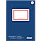 Cahier Ursus bleu, étiquette blanche avec bordure rayée rouge et l'inscription "Made in Austria".