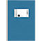 Cahier de notes bleu avec une étiquette blanche. Inscription : Cahier de notes, journal. En bas : A4, 80 feuilles, ligné.