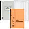 Trois livres de caisse. Livre blanc avec bordure noire et autocollant. Livre orange avec bordure noire. Rapport de caisse vierge.