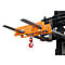Forklift attachment: Two forks in orange holder. A red hook on the lower part.