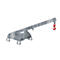 Gray metal construction with a red hook for lifting loads. On a white background.