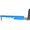 Blue forklift attachment with a red hook. Forklift tines are attached to one side of the attachment.