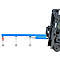 Blue forklift boom connected to a forklift. A red hook is hanging from it.