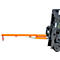 Orange fork extension with hook at the end, attached to a black forklift.
