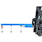 Blue crane carrier attachment on a forklift. A red hook is located on the boom.