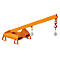 Orange crane arm with a red hook. The construction is metallic and sturdy.