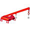 Red lifting device with a rectangular base, diagonal arm and hook.