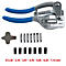 Eine Lochzange mit blauen Griffen und Zubehör zur Größenanpassung.