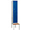 A locker with blue doors and a seat made of wooden slats. The locker stands on a silver frame.