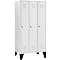White locker with three doors, keyholes, ventilation slots and black feet.