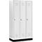 White locker with three doors and ventilation slots. The locker stands on a black base.