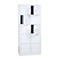White locker with multiple doors, some open, keys in the locks.
