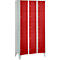 Red locker with white accents and silver handles. Nine compartments. On white legs.