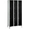 Cabinet with nine black doors, white frames, standing on four white feet. Shiny door handles.