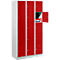 Red locker with 12 compartments, one compartment open. Storage of books and snacks.
