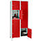 Red locker, two doors open. Items inside. Gray frame.