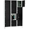 Black lockers with opened doors containing objects.