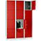 Red locker with open doors showing a black bag and a blue bottle.
