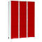 Red locker with 9 compartments, each with a small golden lock. The doors and sides are red, the frame and legs are white.