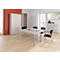 An office with light wood floors, white table, black chairs and cabinets. A red accent on the wall.