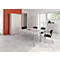 Bright office space with white table, chairs and cabinets. Orange wall. View through a window to the outside.