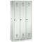 Three-section white steel locker with perforated vents and silver handles.
